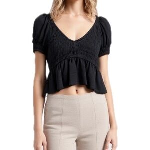 BP Black Smocked Peplum Crop Top with Puff Sleeve Size Medium